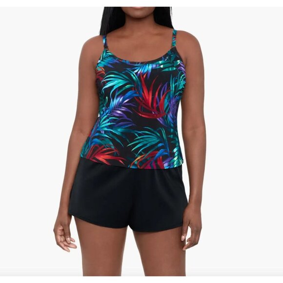 NEW Trimshaper Womens 16 Tankini Swimsuit Farrah Scoopneck Swim Romper Pockets - Picture 1 of 10